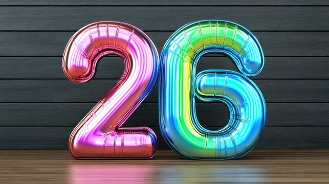 Colorful Metallic Balloons Number Twenty-Six on Wooden Background