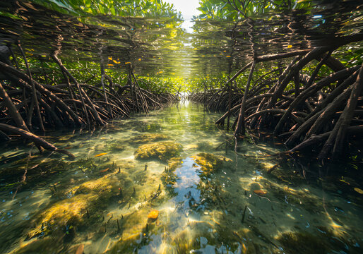 Mangrove forest waterway sunlight