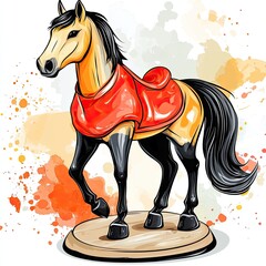 A light-tan horse with a red saddle cloth, standing on a wooden base,  in a watercolor-style background