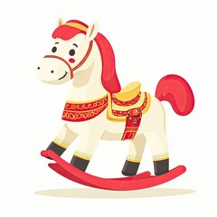 A charming rocking horse, white with red mane and tail, ornate with gold details and a red saddle
