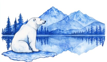 Polar bear sits on ice floe, tranquil mountain lake scene.  Watercolor style depicts peaceful winter landscape with snowy mountains, reflecting in a still body of water