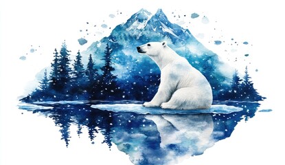 Majestic polar bear on an icy landscape, painted with watercolor, amid snowy mountains and a reflective pool of water