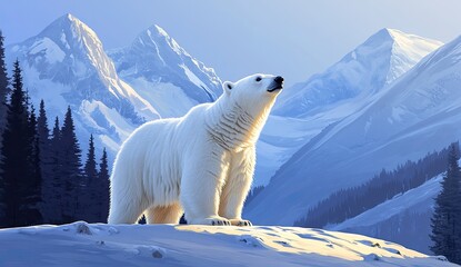 Majestic polar bear stands on snowy mountain peak, sunlit landscape. Lush pine trees flank the majestic creature, surrounded by towering snow-capped peaks