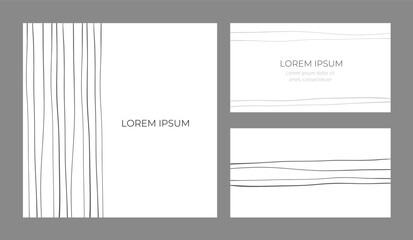 Set of minimalist templates for business cards and branded cards and posters. with black lines on a white background. Design concept for business branding, advertising flyers and typography copyspace.