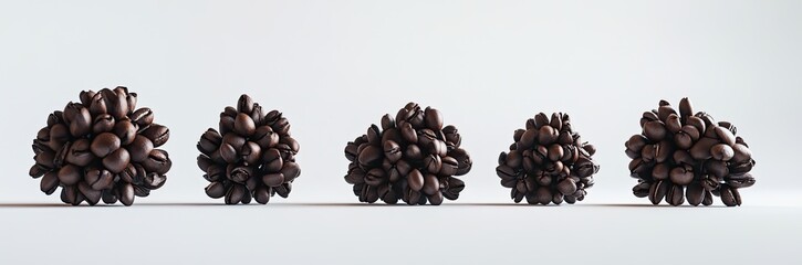 Clusters of coffee beans.  Four clusters of coffee beans, densely packed, are shown in a row against a white background