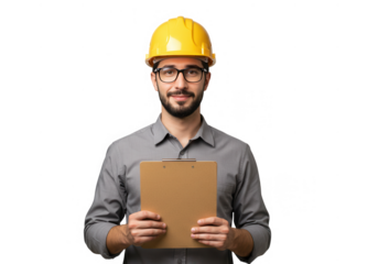 Man with hardhat holding clipboard isolated on transparent background
