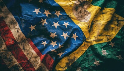 Two flags, American and another, are overlapped and wrinkled, with visible dirt and grime.  They are in a distressed state, implying a history of use or conflict