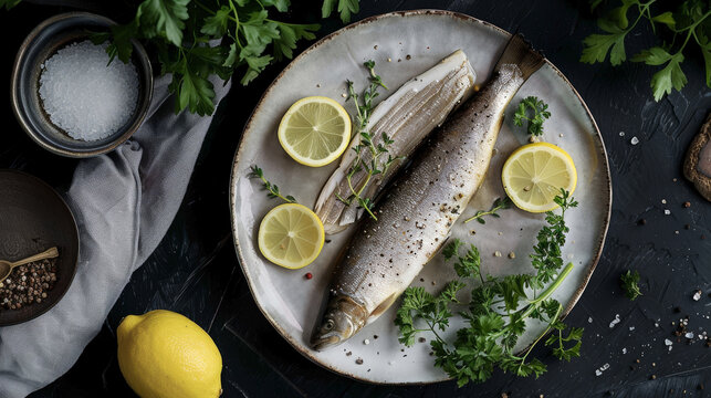 op-down view of a kipper with lemon slices and fresh herbs on a plate