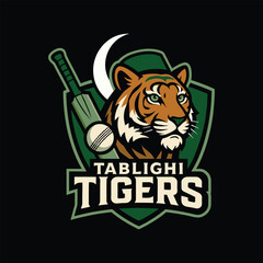 Tablighi Tigers Cricket Team Logo Design Fierce Tiger Mascot with Bat and Ball