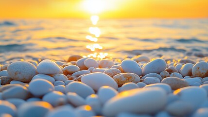 Fototapeta premium Tranquil Peaceful Pebbles On The Seacoast At Sunset