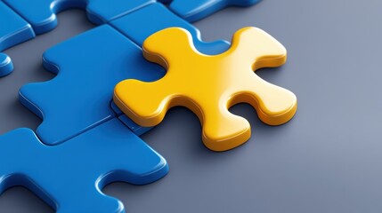 Obraz premium Yellow Puzzle Piece Connecting with Blue Pieces on Gray Background
