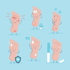 Set of healthy and sick footstep mascots. Unpleasant smell from bacteria and dirty feet with problem skin. Happy barefoot character.