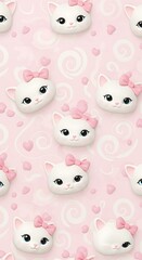Cute Kitty Pattern: Pink Bow, Hearts Background