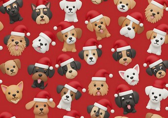 Fototapeta premium Christmas Dog Seamless Pattern: Cute Puppy Faces