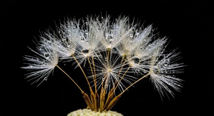 Dandelion Seed Head: Water Drops & Dark Background Detail