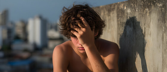 Young boy sitting on a rooftop in a city, contemplating life amidst urban surroundings at sunset