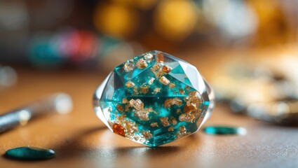 Resin crystal gem with gold flakes on wooden table