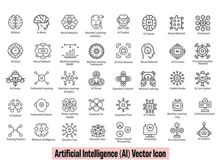 Fototapeta premium Artificial Intelligence Vector Icons in Minimal Line Style – AI Technology and Machine Learning Symbols Set