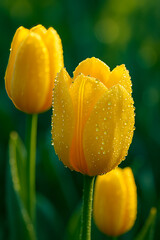 Obraz premium Close up of three yellow tulip flowers with water droplets against a blurred green background