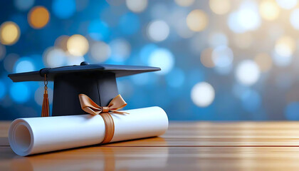 The graduation cap is placed on top of the diploma tied with a gold ribbon, symbolizing academic achievement. The background features a blurred bokeh effect, indicating celebration.
