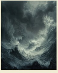 Dramatic ocean waves crashing on rocky shore stormy sky above abstract digital painting seascape nature power
