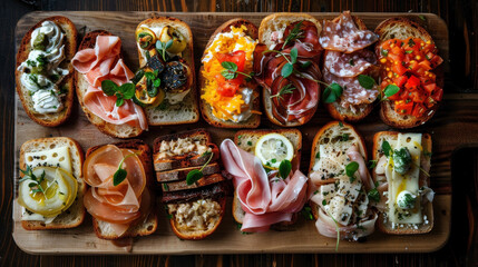 Top-down view of Sm&oslash;rrebr&oslash;d on a wooden platter, showcasing open-faced sandwiches with various toppings