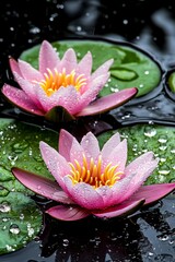 Two Pink Water Lilies with Water Droplets.