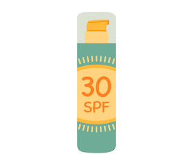 SPF 30 lotion. Sunscreen cosmetic product. SPF protection and sun safety concept.  Hand drawn vector illustration isolated on white background