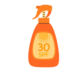 SPF 30 spray. Sunscreen cosmetic product. SPF protection and sun safety concept.  Hand drawn vector illustration isolated on white background