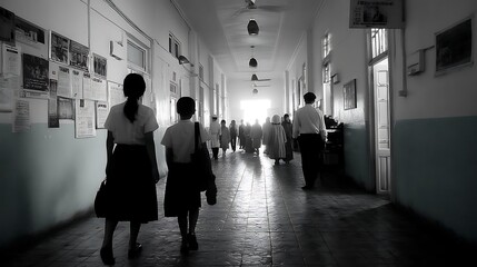 Fototapeta premium People walking along a hallway.