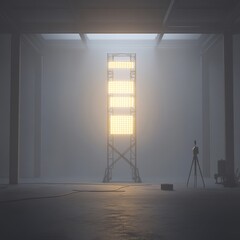 Industrial lighting setup in dimly lit space with staging equipment