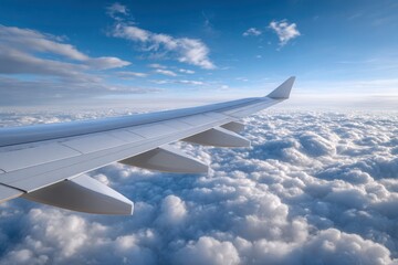Obraz premium Airplane Wing Above Serene Cloudscape: A Peaceful Aerial View