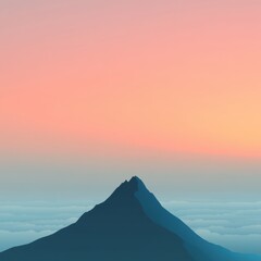 Obraz premium Minimalist mountain peak illustration at sunset with clouds below in flat design style vector art