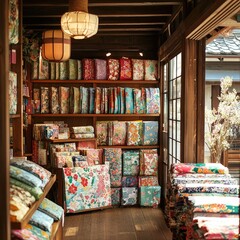 Shelves filled with colorful folded and rolled kimono fabrics arranged by color and pattern inside a traditional Japanese wooden room. Generative by AI.