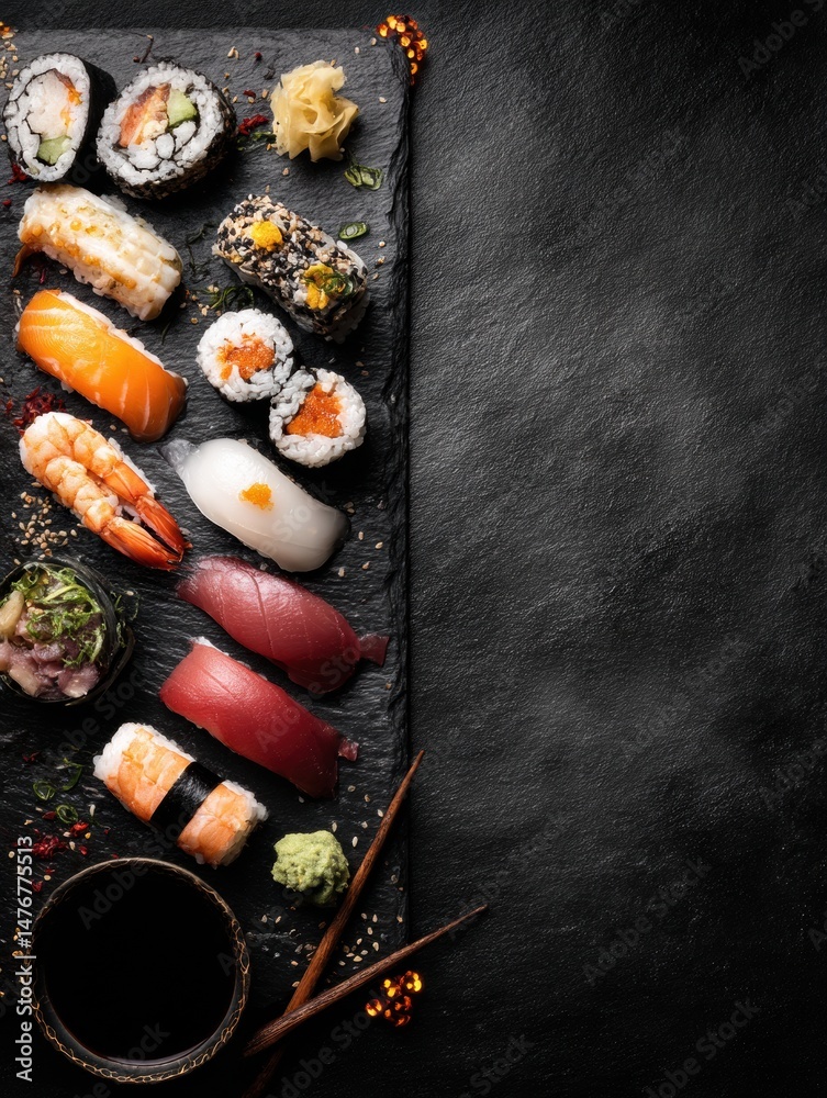 Aufkleber Sushi Set Arranged on Black Slate With Glowing Edges and Open Space Above for Emphasis