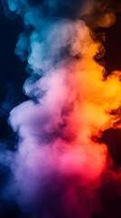 Naklejka premium A dark abstract vertical background with white smoke illuminated by blue, magenta and orange light