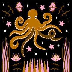 Whimsical Octopus Vector Illustration. Colorful stylized octopus surrounded by flowers, seaweed and starfish on black background