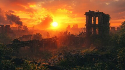 Obraz premium Ruined factory at sunset