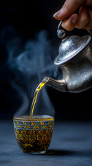 Pouring fragrant tea from an ornate pot into a beautifully designed glass cup with steam rising above