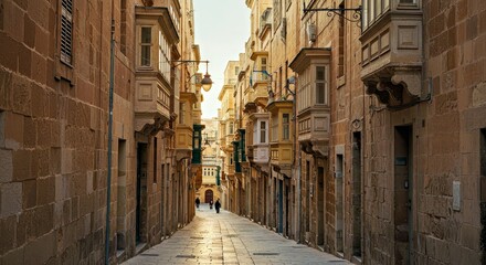 Fototapeta premium Valletta Old Town: Traditional Balconies & Limestone Facades (Morning Light)