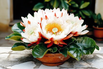 Elegant White and Red Flowers in Terracotta Pot.