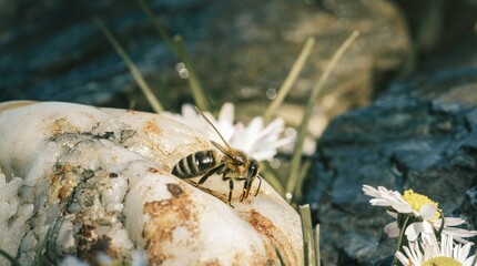 In a colorful garden, a bee busily gathers pollen from vibrant blossoms, highlighting its essential role in sustaining ecosystems and promoting biodiversity