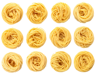 Neatly arranged nests of uncooked pasta in a grid pattern.