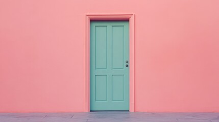Teal door set in pink wall in minimalist style straight on shot of architecture in bright light