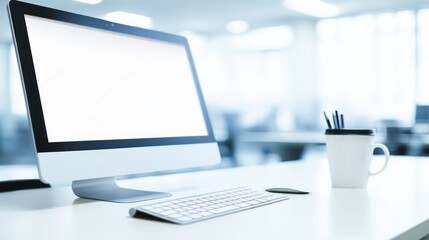 Modern Minimalist White Office Desk Setup with Computer Monitor Keyboard and Accessories