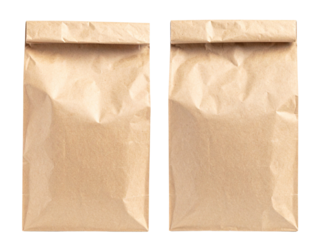 Two plain brown paper bags with folded tops, standing side by side.