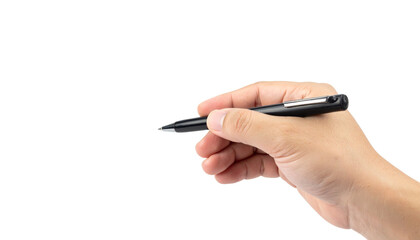 A hand holding a black pen, poised to write, against a plain black background.