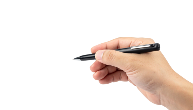 A hand holding a black pen, poised to write, against a plain black background.