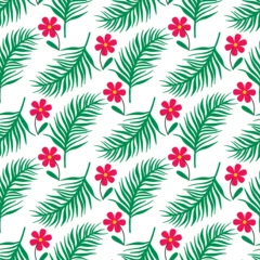 Fototapete Tropische Blätter Bright hibiscus flowers with palm branches seamless pattern. Summer bright nature background. Exotic tropical floral print, vector graphic  © Iry