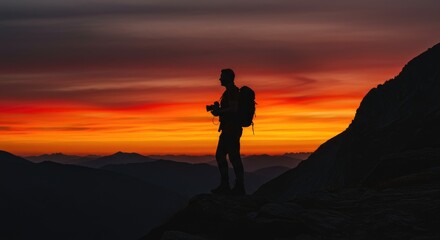 Silhouette of person at sunset with mountains